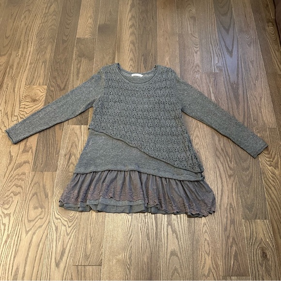 Simply Couture Sm Mixed Media Gray Tunic Sweater Dress Crochet Lace Asymmetric - Picture 4 of 9